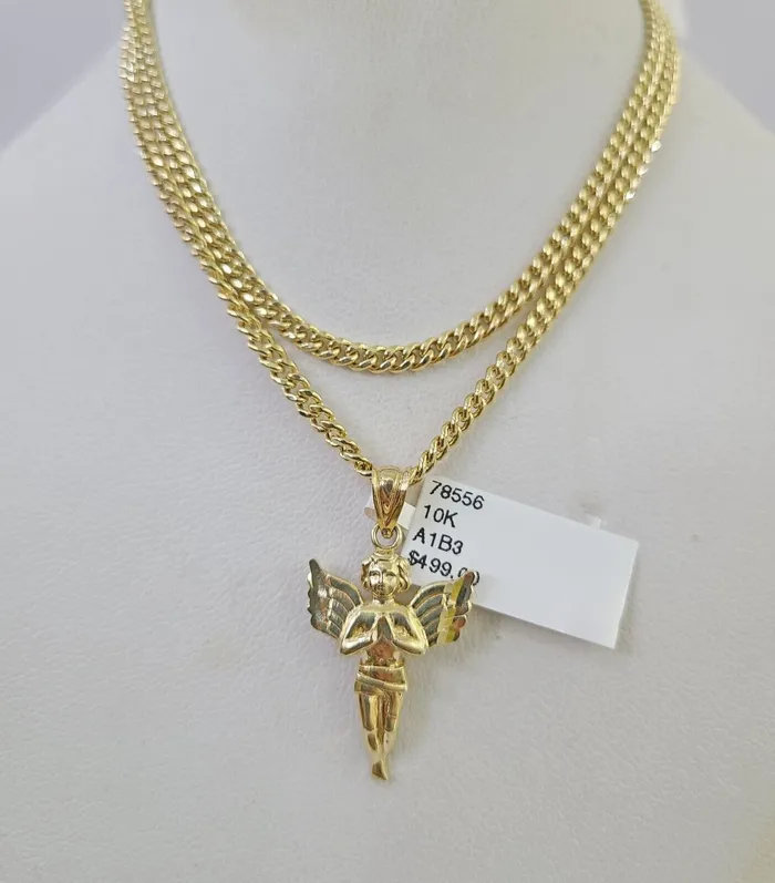 Gold and Diamond 10K Gold Miami Cuban Chain Praying Angel 1828 3mm REAL Pendant Necklace SET Necklaces Gold and Diamond 10K Gold Miami Cuban Chain Praying Angel 1828 3mm REAL Pendant Necklace SET Necklaces