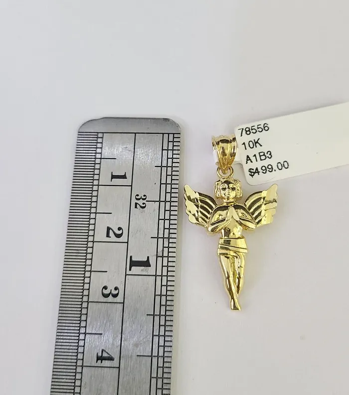 Gold and Diamond 10K Gold Miami Cuban Chain Praying Angel 1828 3mm REAL Pendant Necklace SET Necklaces