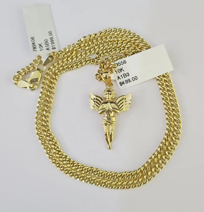 Gold and Diamond 10K Gold Miami Cuban Chain Praying Angel 1828 3mm REAL Pendant Necklace SET Necklaces