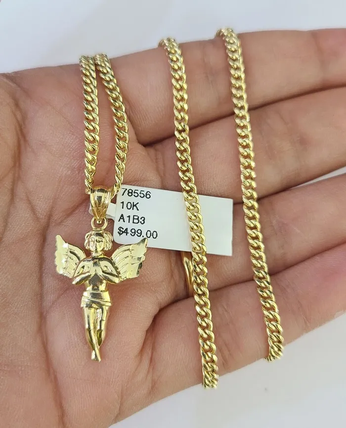 Gold and Diamond 10K Gold Miami Cuban Chain Praying Angel 1828 3mm REAL Pendant Necklace SET Necklaces