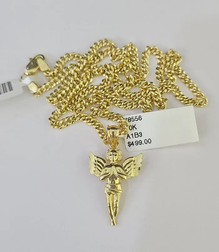 Gold and Diamond 10K Gold Miami Cuban Chain Praying Angel 1828 3mm REAL Pendant Necklace SET Necklaces
