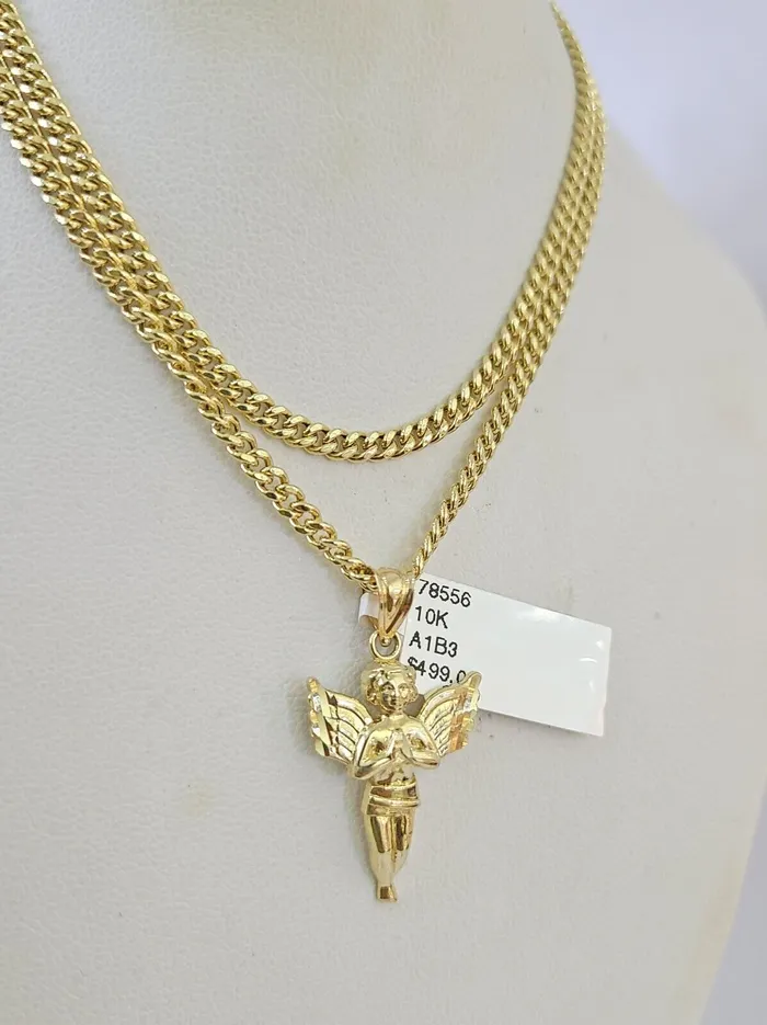 Gold and Diamond 10K Gold Miami Cuban Chain Praying Angel 1828 3mm REAL Pendant Necklace SET Necklaces