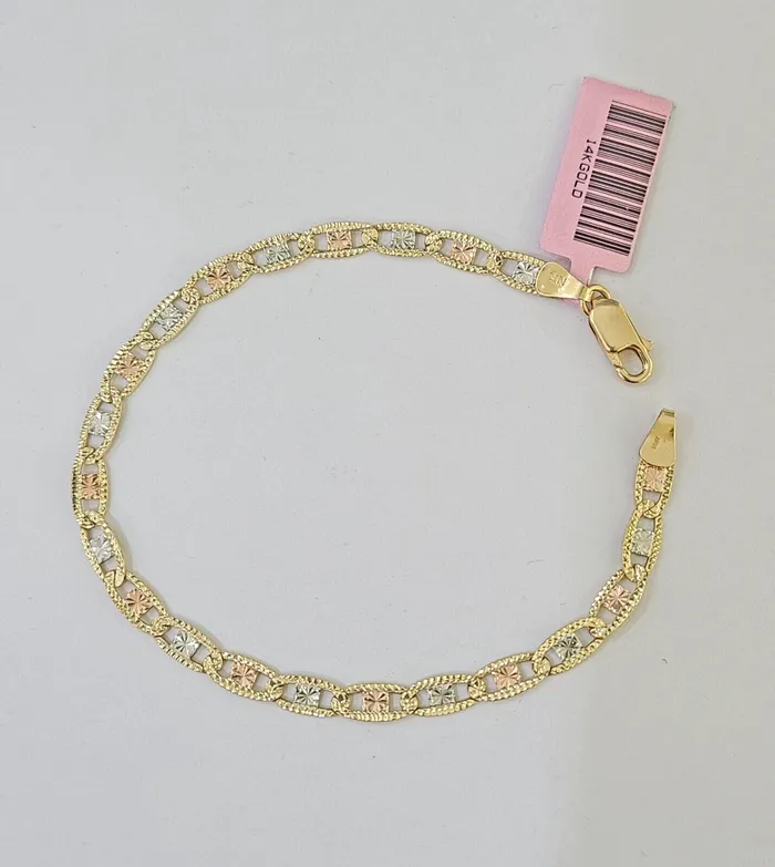 Gold and Diamond 14k valentino Trio Gold Womens Link Bracelet 75 inches 4mm Diamond Cuts Bracelets