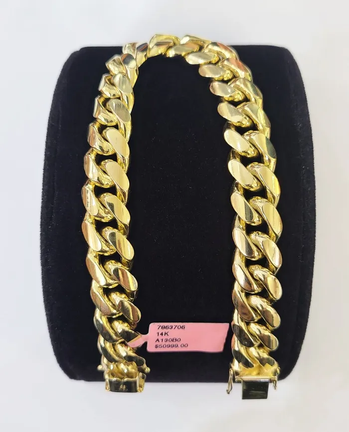 Gold and Diamond Bracelets 14K Solid Yellow Gold Miami Cuban Bracelet Box Clasp 8 Inch 13mm Link HEAVY