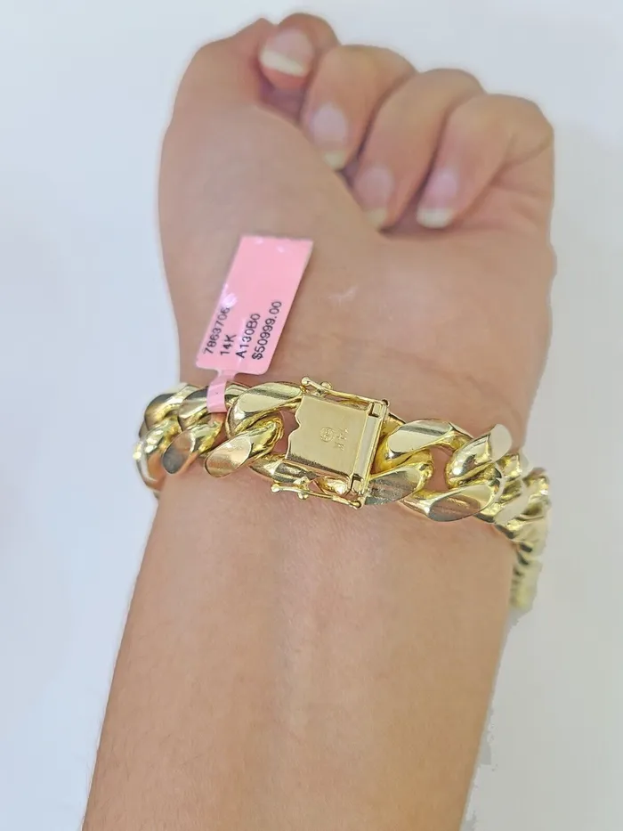 Gold and Diamond Bracelets 14K Solid Yellow Gold Miami Cuban Bracelet Box Clasp 8 Inch 13mm Link HEAVY