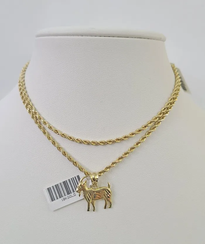 Gold and Diamond Necklaces 10k 25mm Rope Chain GOAT Pendant 1830 Yellow Gold Set Charm Necklace