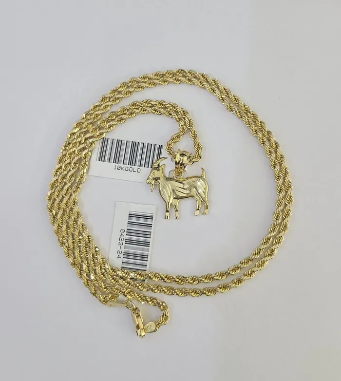 Gold and Diamond Necklaces 10k 25mm Rope Chain GOAT Pendant 1830 Yellow Gold Set Charm Necklace