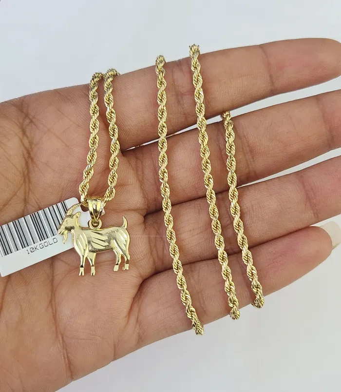 Gold and Diamond Necklaces 10k 25mm Rope Chain GOAT Pendant 1830 Yellow Gold Set Charm Necklace
