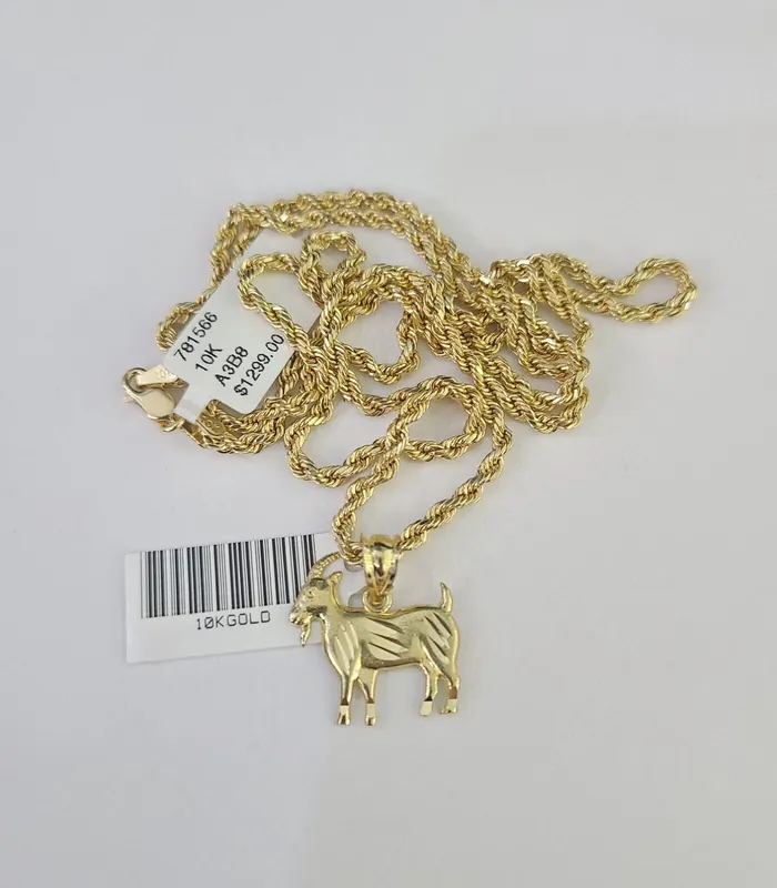 Gold and Diamond Necklaces 10k 25mm Rope Chain GOAT Pendant 1830 Yellow Gold Set Charm Necklace