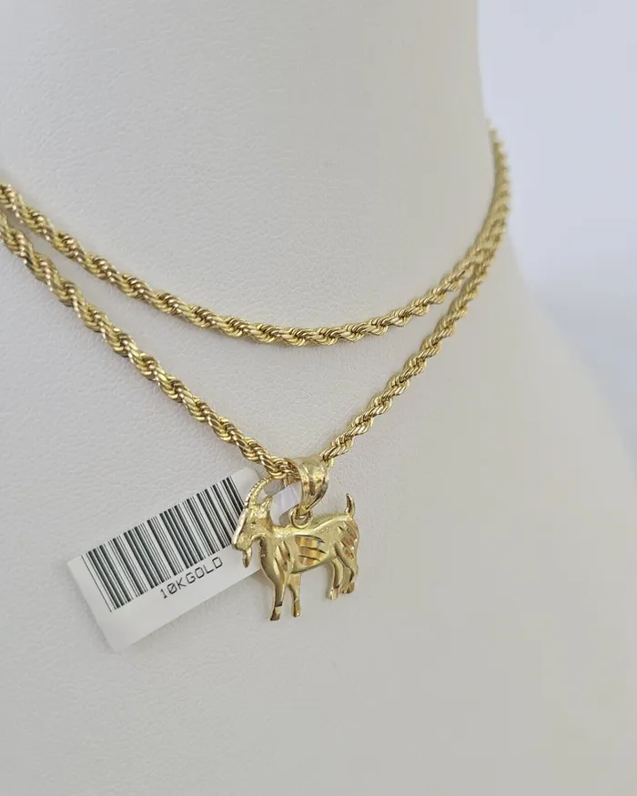 Gold and Diamond Necklaces 10k 25mm Rope Chain GOAT Pendant 1830 Yellow Gold Set Charm Necklace