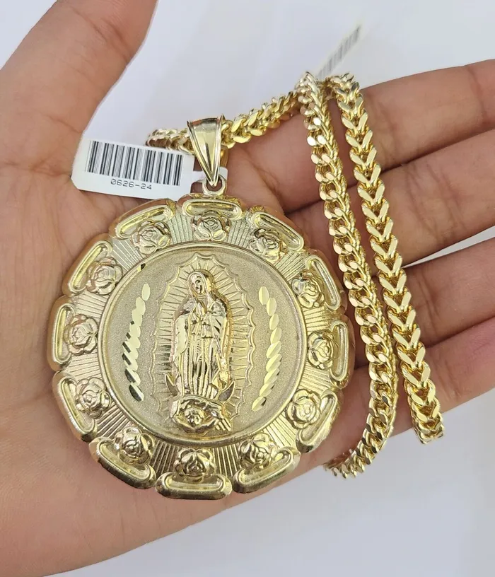 Gold and Diamond Necklaces 10K Franco Chain Jesus Mary Pendant Charm Necklace 2026 5mm Gold SET Yellow