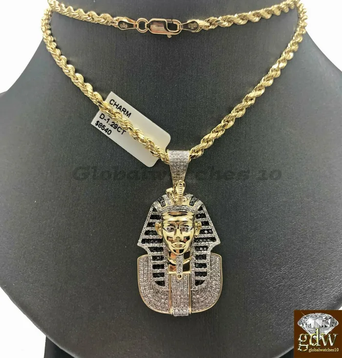 Gold and Diamond Necklaces 10k Gold Rope Chain with Pendant Pharaoh Head CharmChain in Various lengthMen Gold and Diamond Necklaces 10k Gold Rope Chain with Pendant Pharaoh Head CharmChain in Various lengthMen