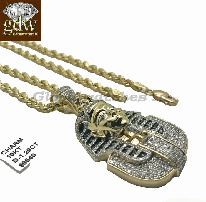 Gold and Diamond Necklaces 10k Gold Rope Chain with Pendant Pharaoh Head CharmChain in Various lengthMen