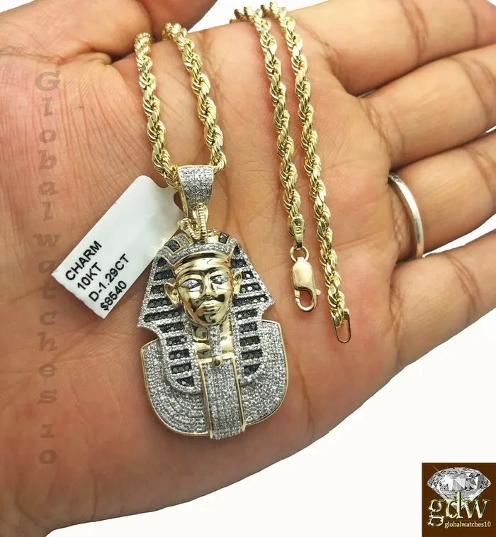Gold and Diamond Necklaces 10k Gold Rope Chain with Pendant Pharaoh Head CharmChain in Various lengthMen