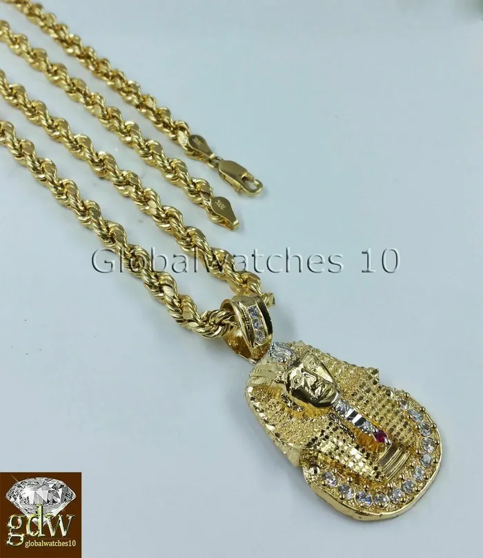 Gold and Diamond Necklaces 10k Gold Rope Necklace Chain 1822 Inch With Egyptian Pharaoh Head Charm Pendant Gold and Diamond Necklaces 10k Gold Rope Necklace Chain 1822 Inch With Egyptian Pharaoh Head Charm Pendant