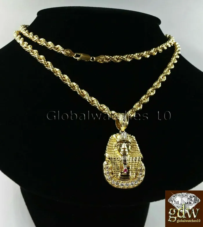 Gold and Diamond Necklaces 10k Gold Rope Necklace Chain 1822 Inch With Egyptian Pharaoh Head Charm Pendant