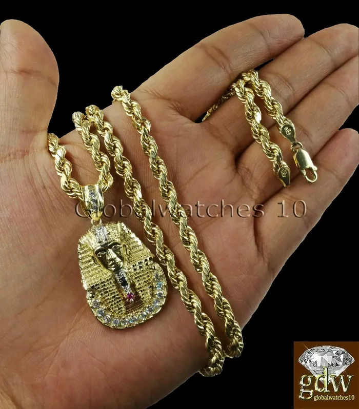 Gold and Diamond Necklaces 10k Gold Rope Necklace Chain 1822 Inch With Egyptian Pharaoh Head Charm Pendant
