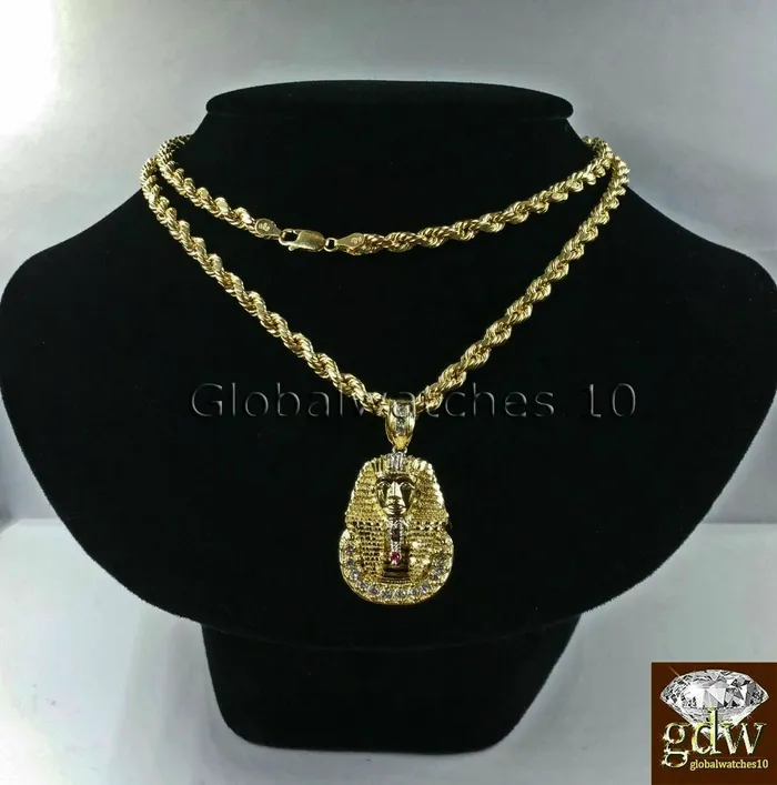 Gold and Diamond Necklaces 10k Gold Rope Necklace Chain 1822 Inch With Egyptian Pharaoh Head Charm Pendant