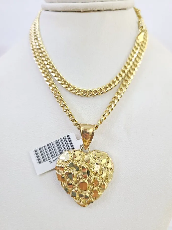 Gold and Diamond Necklaces 10k Miami Cuban Chain Nugget Heart Charm Set 4mm 1828 Necklace Yellow Gold Gold and Diamond Necklaces 10k Miami Cuban Chain Nugget Heart Charm Set 4mm 1828 Necklace Yellow Gold