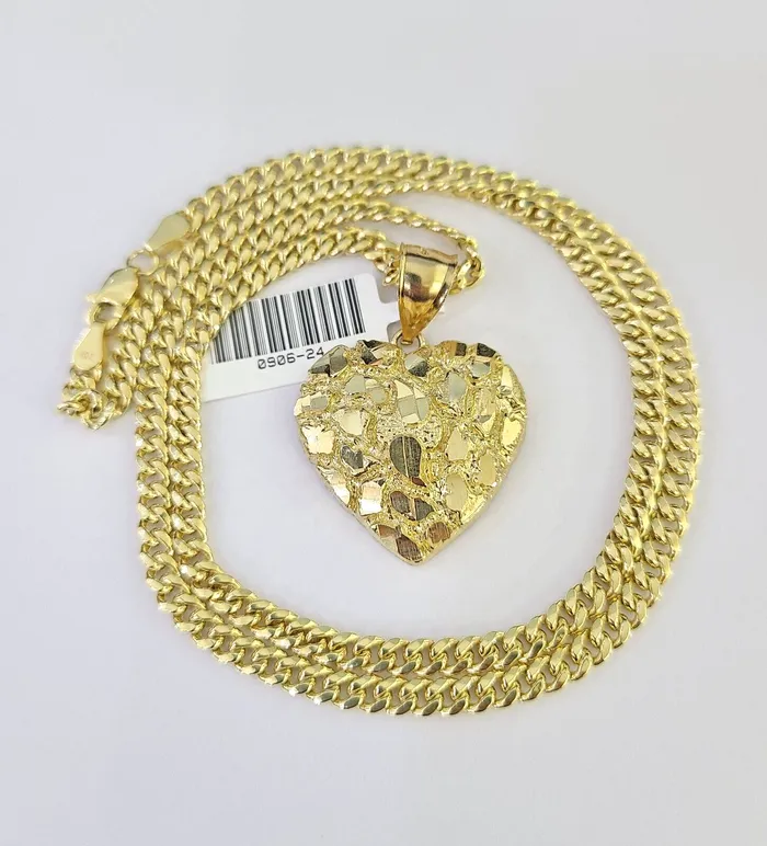 Gold and Diamond Necklaces 10k Miami Cuban Chain Nugget Heart Charm Set 4mm 1828 Necklace Yellow Gold