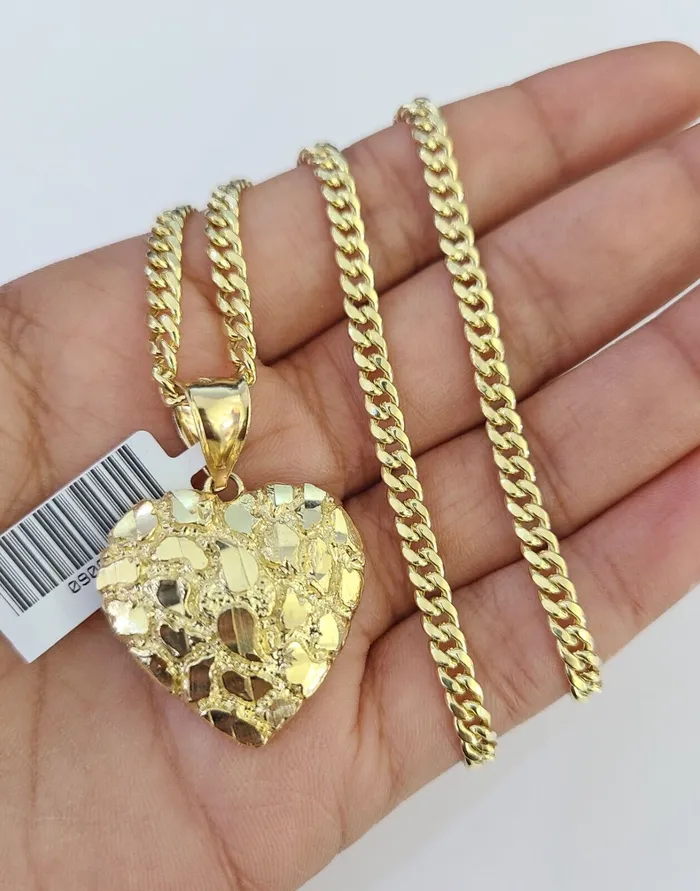 Gold and Diamond Necklaces 10k Miami Cuban Chain Nugget Heart Charm Set 4mm 1828 Necklace Yellow Gold