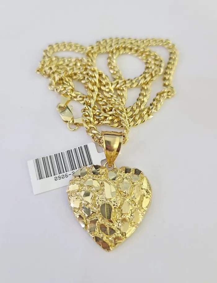 Gold and Diamond Necklaces 10k Miami Cuban Chain Nugget Heart Charm Set 4mm 1828 Necklace Yellow Gold