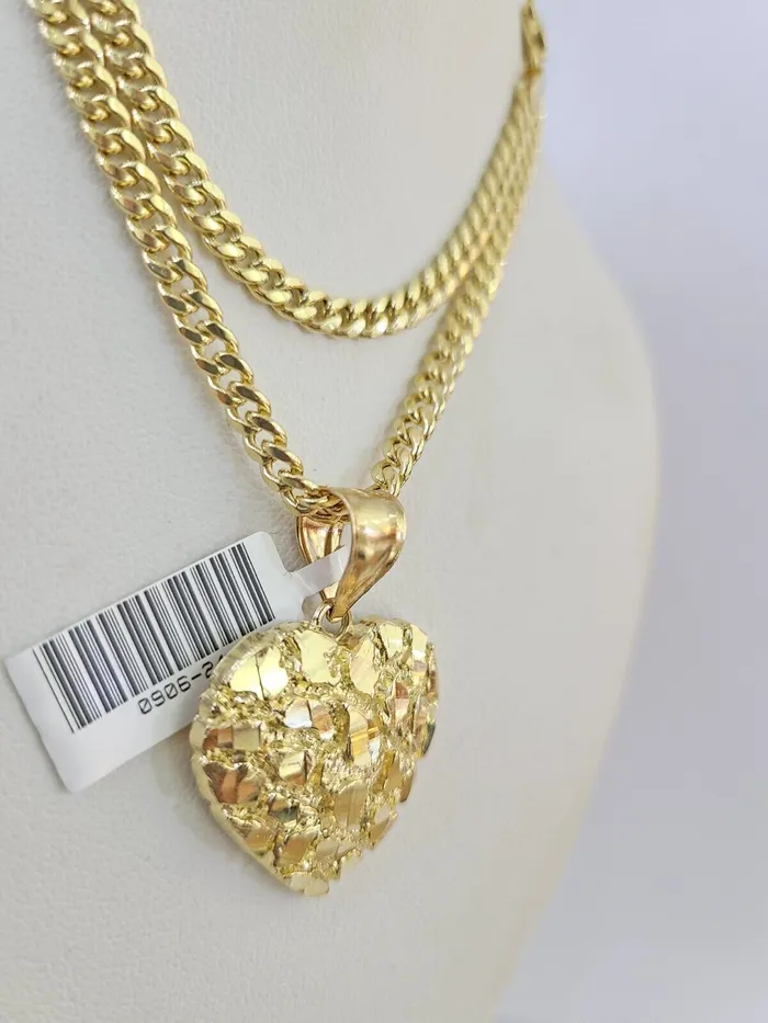 Gold and Diamond Necklaces 10k Miami Cuban Chain Nugget Heart Charm Set 4mm 1828 Necklace Yellow Gold