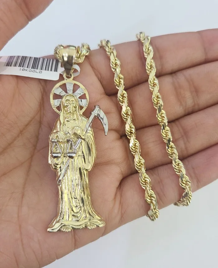Gold and Diamond Necklaces 10k Solid Rope Chain Saint Reaper Charm Set 4mm 1830 Necklace Gold Pendant Gold and Diamond Necklaces 10k Solid Rope Chain Saint Reaper Charm Set 4mm 1830 Necklace Gold Pendant