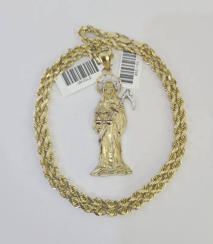 Gold and Diamond Necklaces 10k Solid Rope Chain Saint Reaper Charm Set 4mm 1830 Necklace Gold Pendant