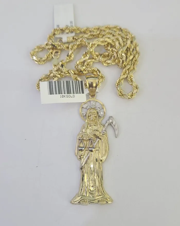 Gold and Diamond Necklaces 10k Solid Rope Chain Saint Reaper Charm Set 4mm 1830 Necklace Gold Pendant