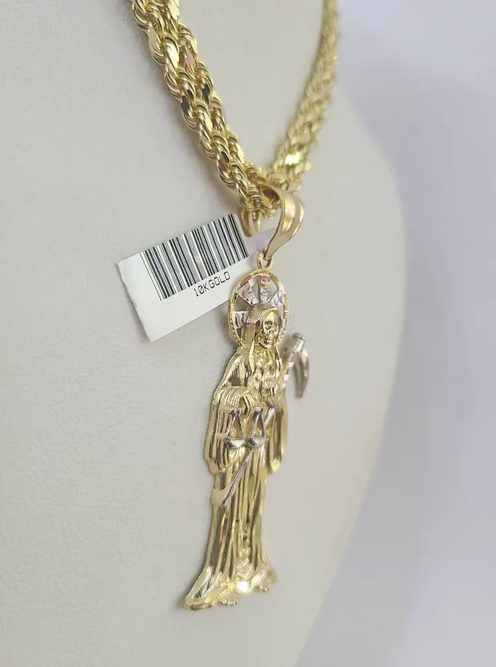 Gold and Diamond Necklaces 10k Solid Rope Chain Saint Reaper Charm Set 4mm 1830 Necklace Gold Pendant