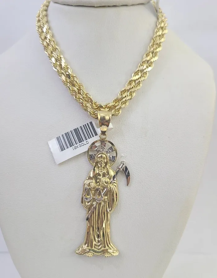 Gold and Diamond Necklaces 10k Solid Rope Chain Saint Reaper Charm Set 4mm 1830 Necklace Gold Pendant