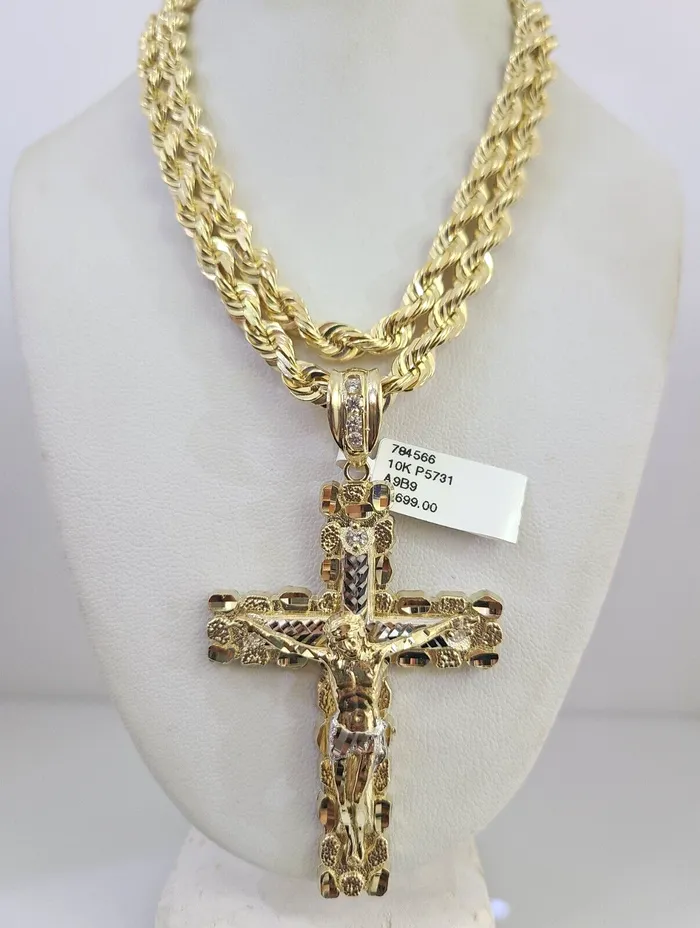 Gold and Diamond Necklaces Real 10k Solid Rope Chain Jesus Cross Charm Set 6mm 2030 Inch Necklace Gold Gold and Diamond Necklaces Real 10k Solid Rope Chain Jesus Cross Charm Set 6mm 2030 Inch Necklace Gold