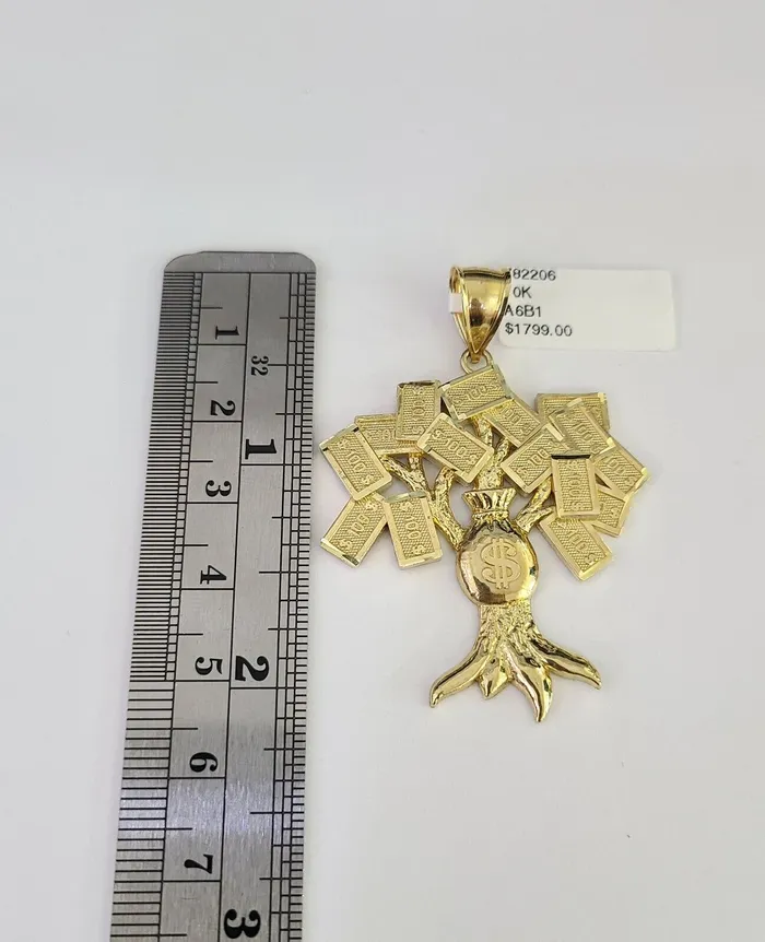 Gold and Diamond Necklaces Real 10Kt Money Tree Charm Pendant Diamond Cut 10K Yellow Gold