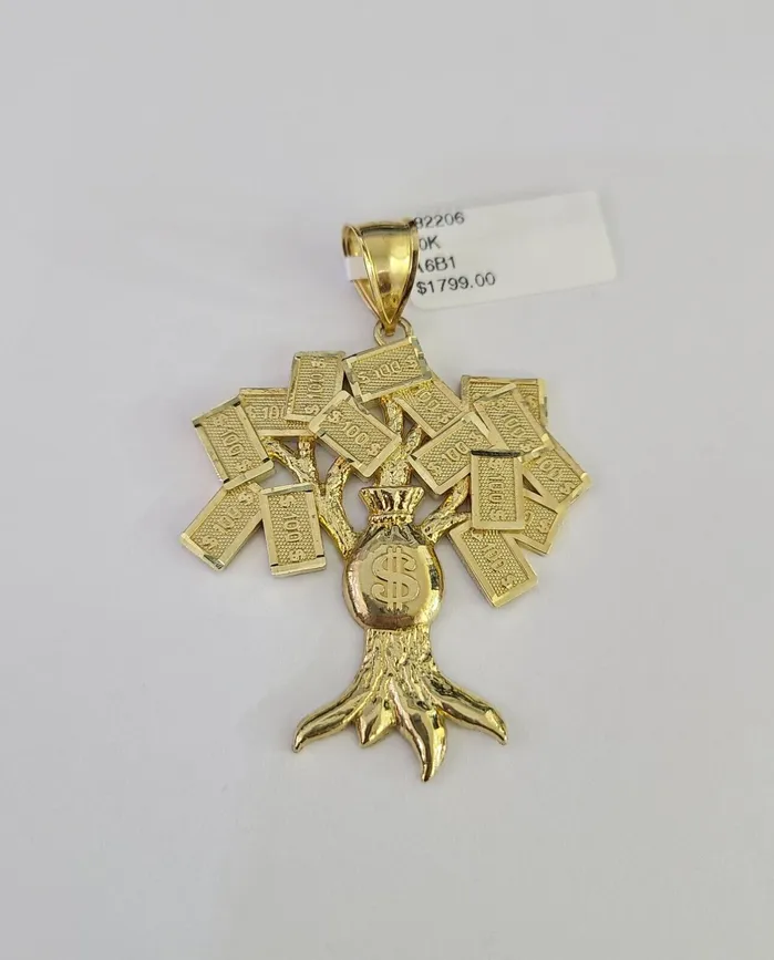 Gold and Diamond Necklaces Real 10Kt Money Tree Charm Pendant Diamond Cut 10K Yellow Gold