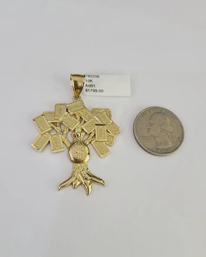 Gold and Diamond Necklaces Real 10Kt Money Tree Charm Pendant Diamond Cut 10K Yellow Gold