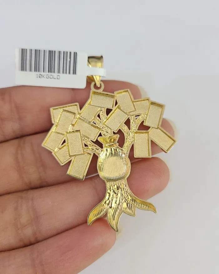 Gold and Diamond Necklaces Real 10Kt Money Tree Charm Pendant Diamond Cut 10K Yellow Gold