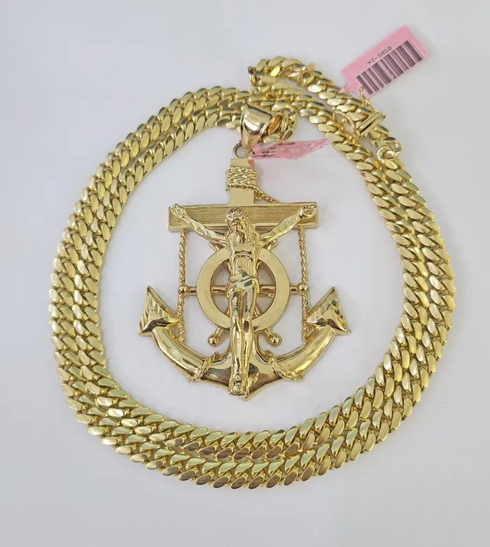Gold and Diamond Necklaces Real 14k Solid Chain Jesus Anchor Charm Set Miami Cuban 6mm Necklace Pendant Gold and Diamond Necklaces Real 14k Solid Chain Jesus Anchor Charm Set Miami Cuban 6mm Necklace Pendant