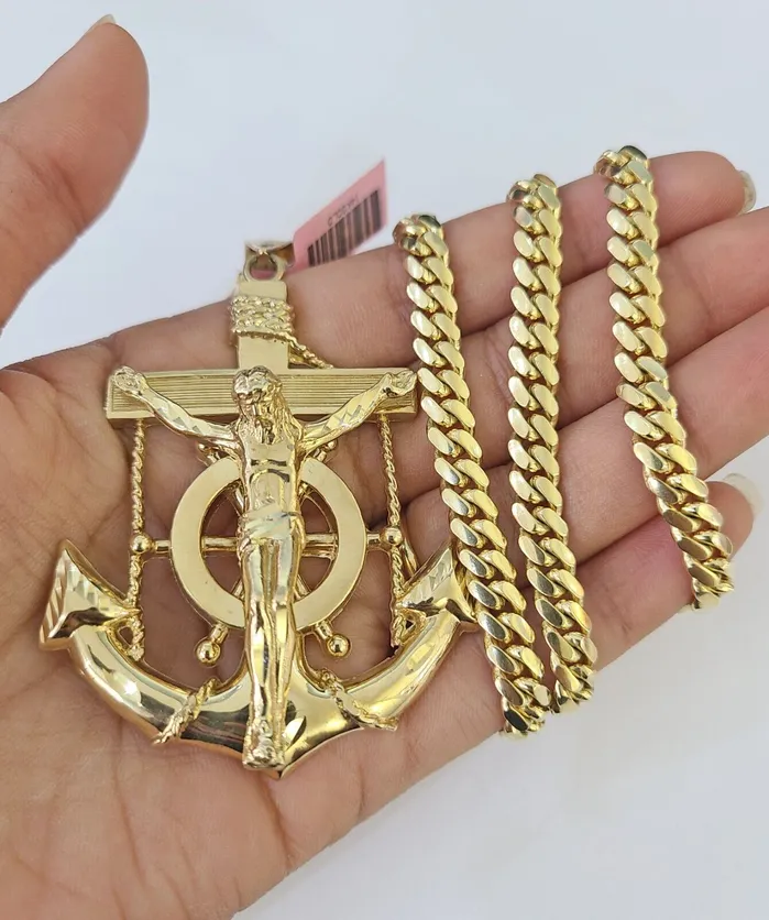 Gold and Diamond Necklaces Real 14k Solid Chain Jesus Anchor Charm Set Miami Cuban 6mm Necklace Pendant