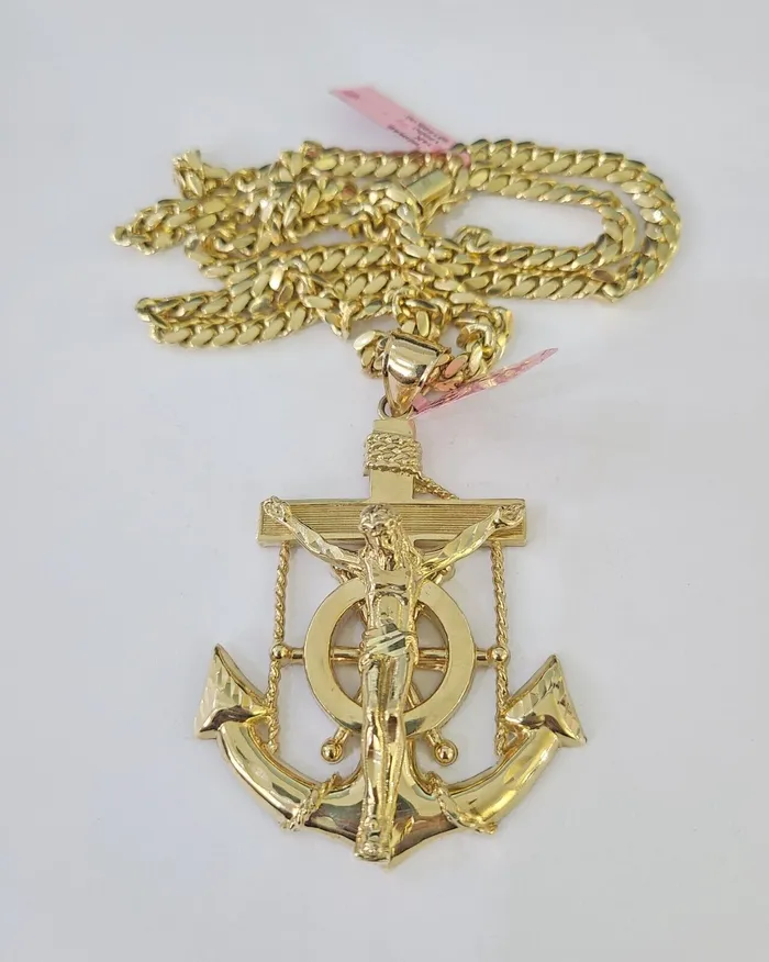 Gold and Diamond Necklaces Real 14k Solid Chain Jesus Anchor Charm Set Miami Cuban 6mm Necklace Pendant