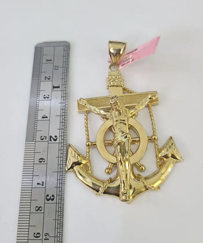 Gold and Diamond Necklaces Real 14k Solid Chain Jesus Anchor Charm Set Miami Cuban 6mm Necklace Pendant