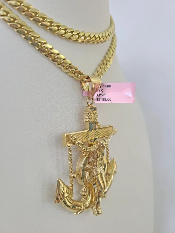 Gold and Diamond Necklaces Real 14k Solid Chain Jesus Anchor Charm Set Miami Cuban 6mm Necklace Pendant