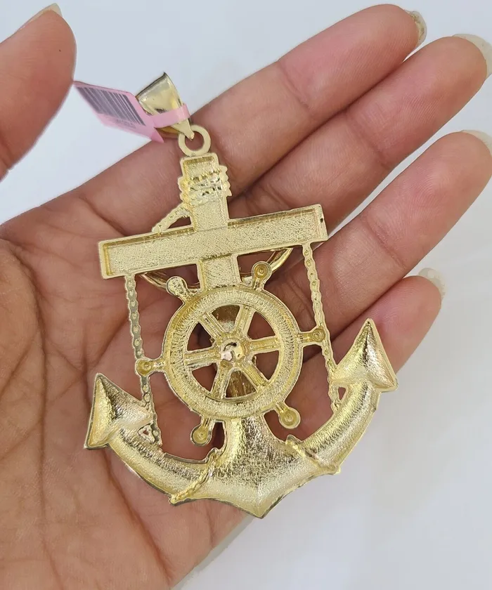 Gold and Diamond Necklaces Real 14k Solid Chain Jesus Anchor Charm Set Miami Cuban 6mm Necklace Pendant