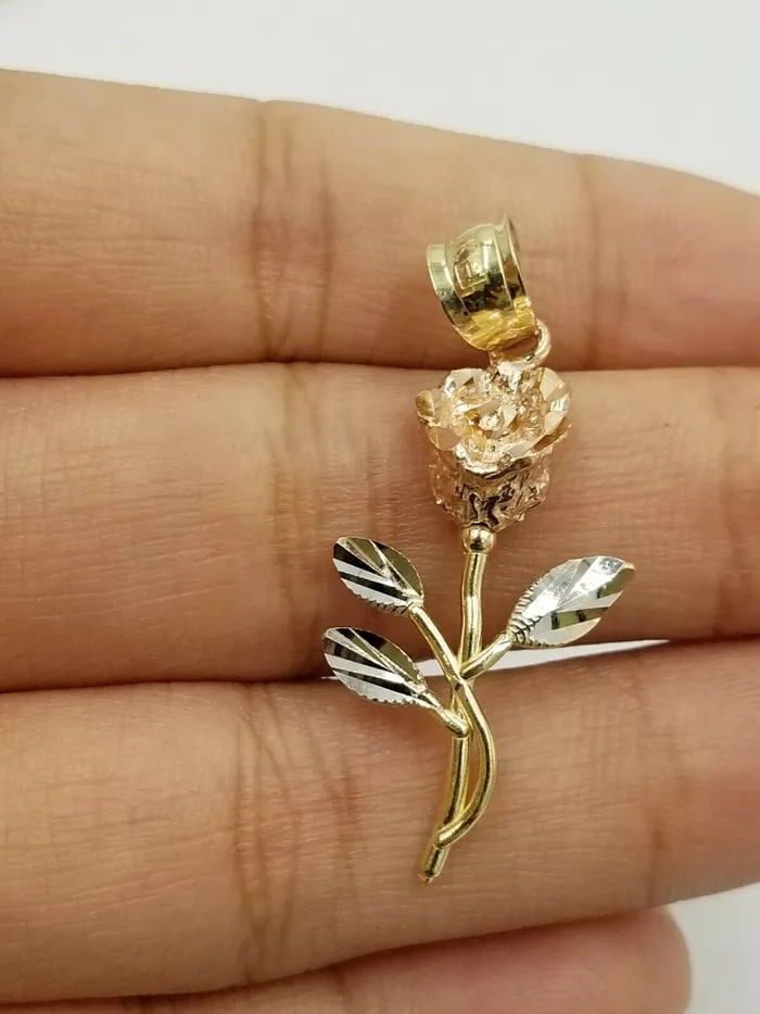 Gold and Diamond Necklaces Solid 10k Rose Yellow White Gold Rose Flower Charm Trio Pendant DiamondCut Women