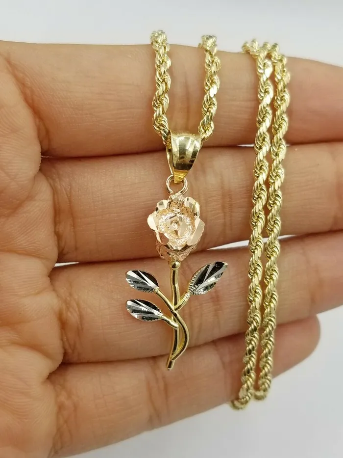 Gold and Diamond Necklaces Solid 10k Rose Yellow White Gold Rose Flower Charm Trio Pendant DiamondCut Women