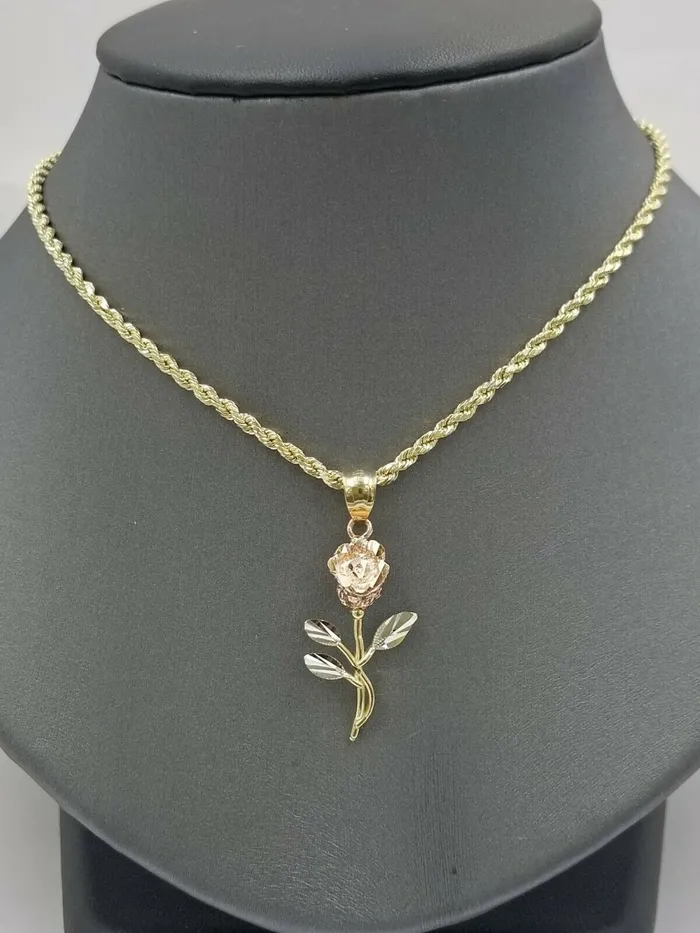 Gold and Diamond Necklaces Solid 10k Rose Yellow White Gold Rose Flower Charm Trio Pendant DiamondCut Women