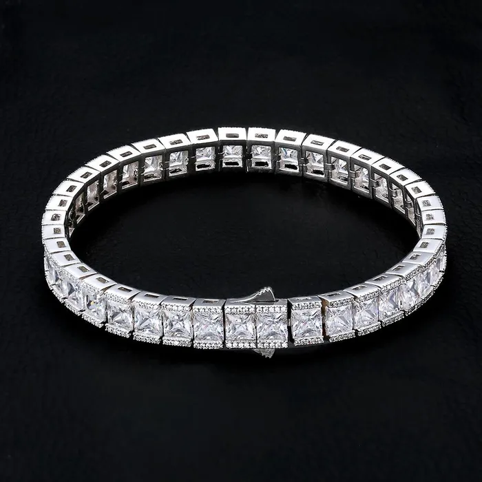 KRKC Bracelets 8mm Princess Cut CZ Diamond Mens Tennis Bracelet in White Gold KRKC Bracelets 8mm Princess Cut CZ Diamond Mens Tennis Bracelet in White Gold