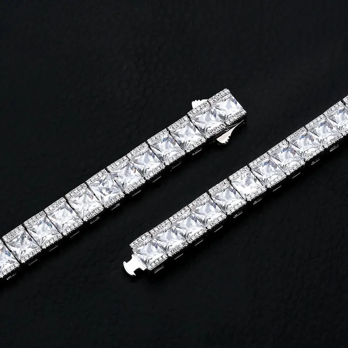 KRKC Bracelets 8mm Princess Cut CZ Diamond Mens Tennis Bracelet in White Gold