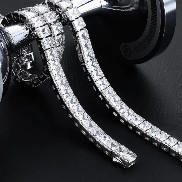 KRKC Bracelets 8mm Princess Cut CZ Diamond Mens Tennis Bracelet in White Gold