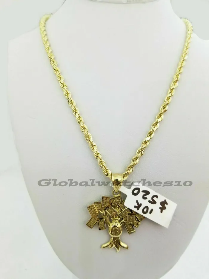 Necklaces 10K Gold 100 Tree Charm Pendant with Rope Chain 25mm 18 20 22 24 26 inch Real Gold and Diamond